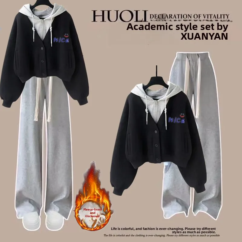 

Thickened Fleece Hoodie And Wide Leg Pants Two Piece Set for Teenage Girls Autumn Winter Casual School Style High Waist Trousers