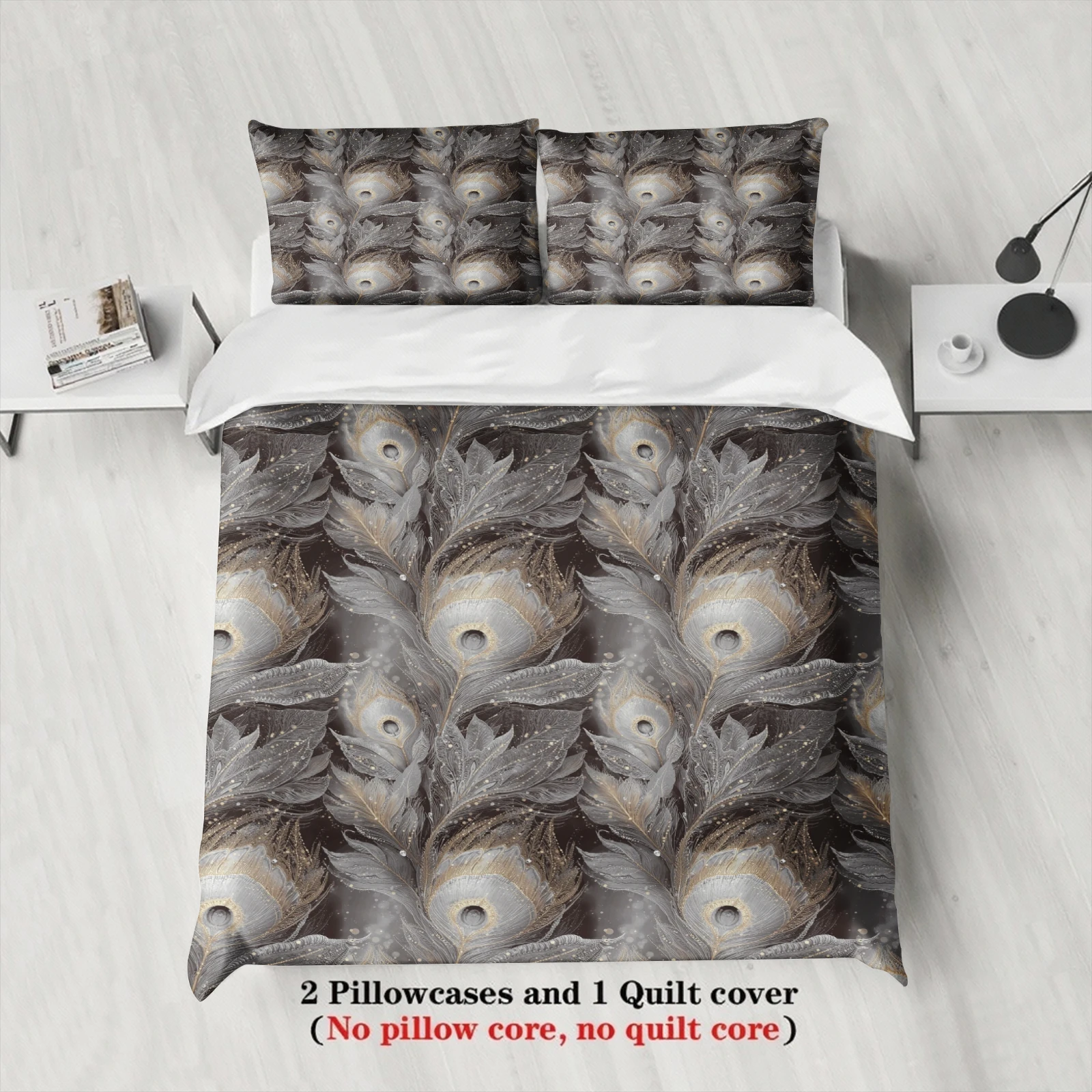 3PCS Grey Duvet Cover Set White Golden Peacock Feather Printed Duvet Cover With Pillowcases Single Twin Queen Size Bedding Set