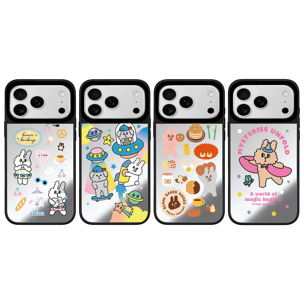 

Cute Rabbit Mirror Surface Black Border Magnetic Phone Case for IPhone 17 16 15 14 13 12 Pro Max Cover