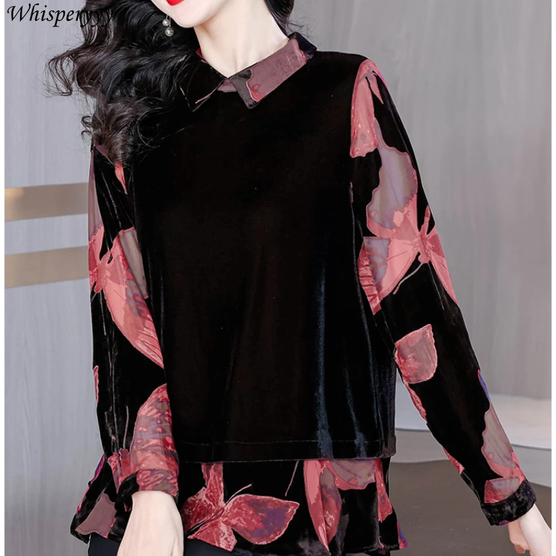 Women's Shirt Spring Autumn Fashion Printed Velvet Splicing Fake Two-piece Blouse Femme Casual Long Sleeve Pullover Tops