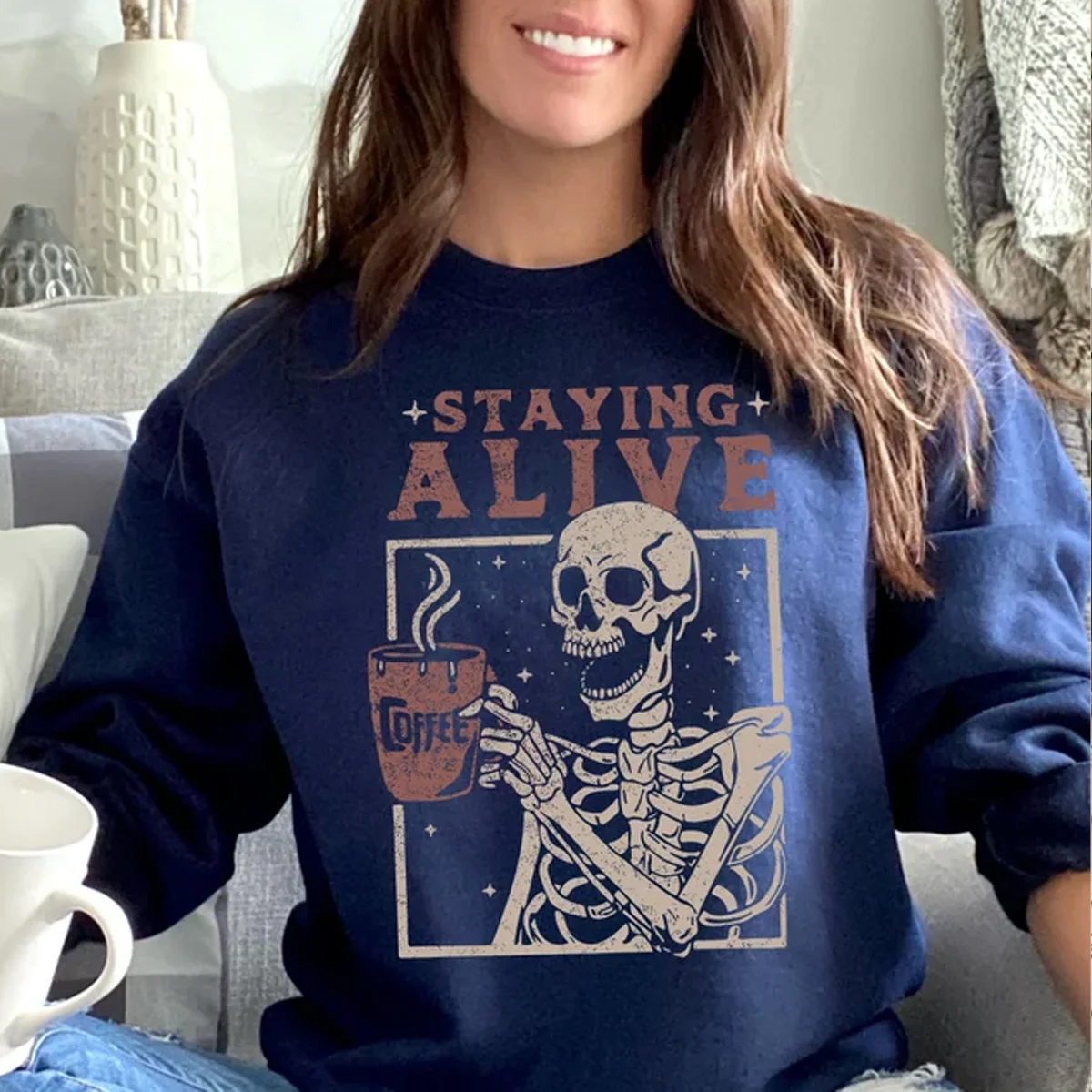 Staying Alive Coffee Sweatshirt, Trendy Sweatshirt, Funny Skeleton Sweatshirt, Halloween Vintage Sweater for Women Stay