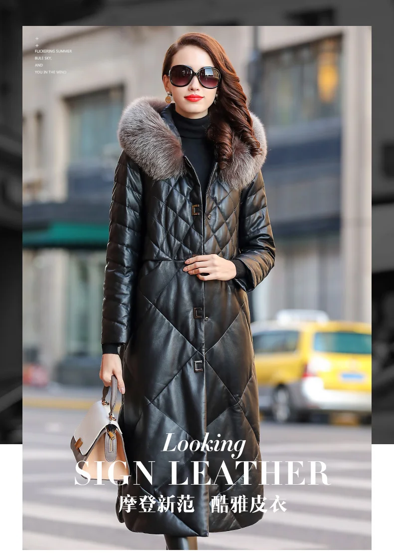 2023 Genuine Leather Jacket Women Long Sheepskin Coat Hooded Women's Winter Down Jackets Fox Fur Collar Mujer Chaqueta Pph1876