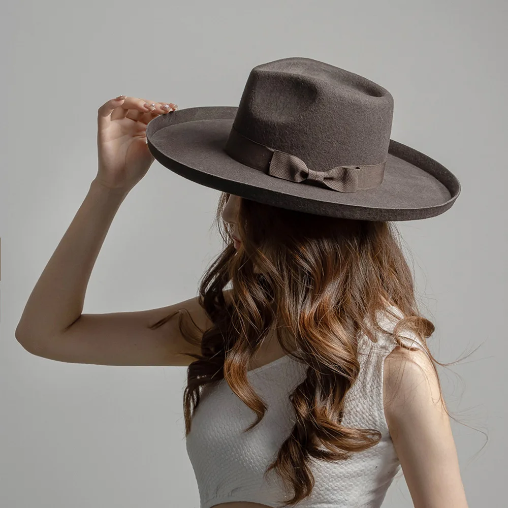 

USPOP Women’s 100% Wool Felt Fedora Hat Autumn Winter Wide Brim Upturn Jazz Hat with Elegant Bow Ribbon Decoration