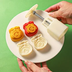 Moon Cake Mold,Including 1 Mold And 2 Stamps,DIY Hand Press Moon Cake Stamps,Mung Bean Cake,Cookie,Mid Autumn Festival Pastry Mo
