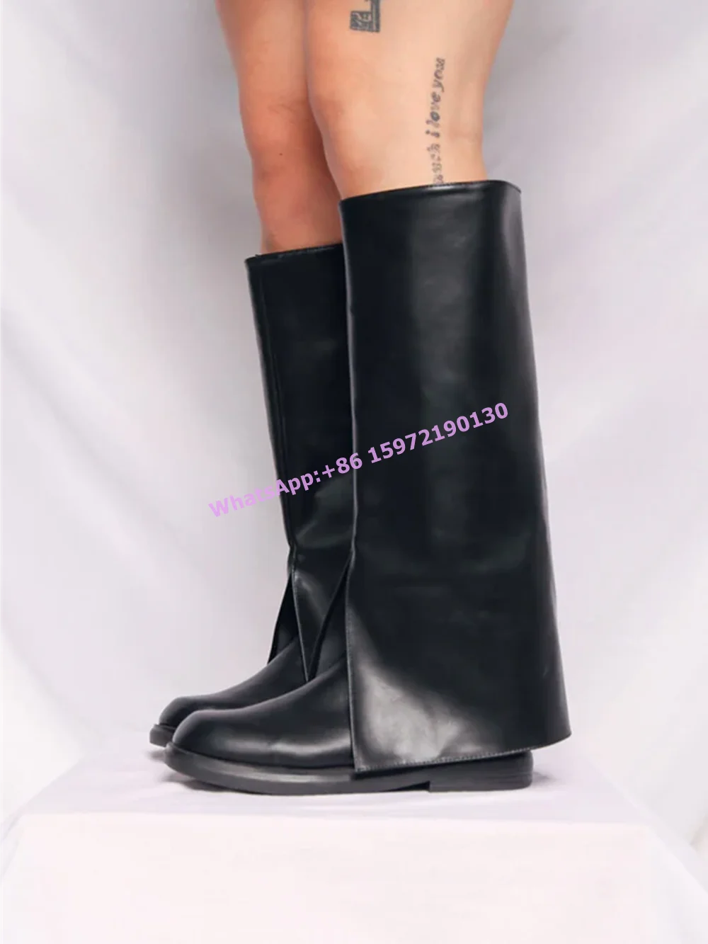 Black Solid Knee High Boots Slip On Turn Over Edges Square Toe Long Leisure Knight Boots Fashion Women's Winter Concise Shoes