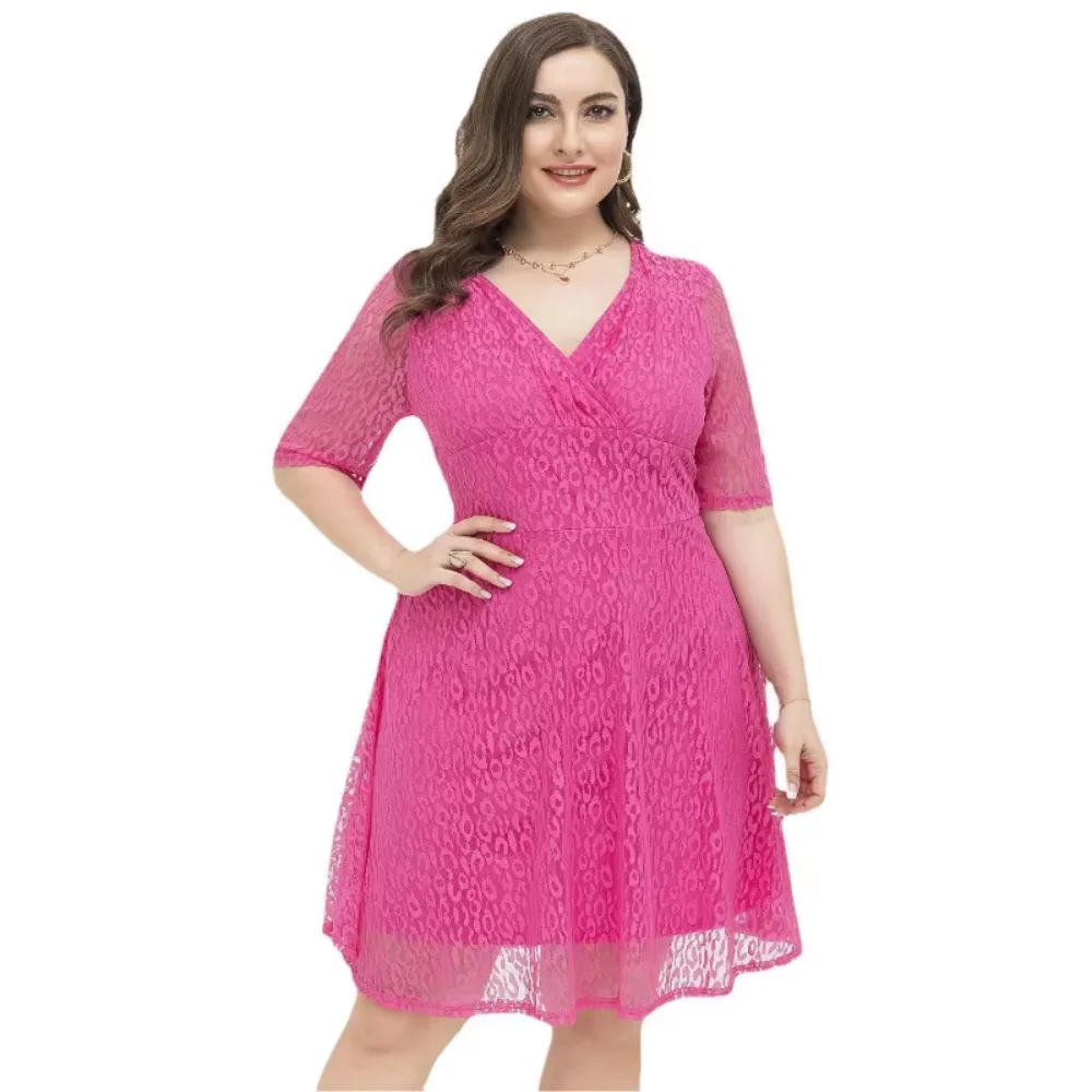 Relaxed Formal Gown for Plus-Size Sisters, V-Neck Waist-Slimming Lace Dress