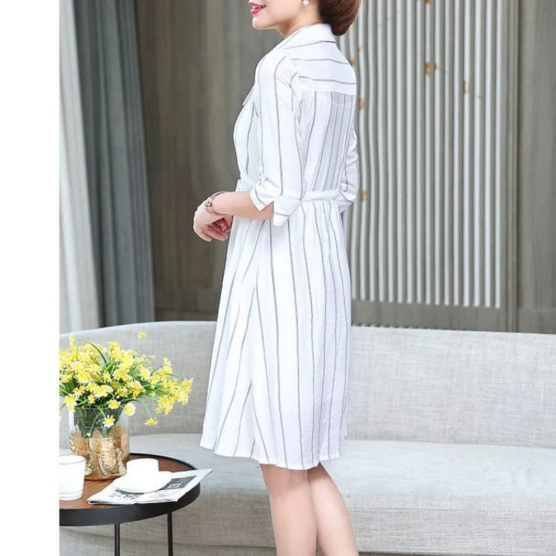 2024 Summer New Women's Fashion Commute Square Neck Spliced Striped Shirring Drawstring Button Half Sleeve Slim Fit A-line Dress image 4