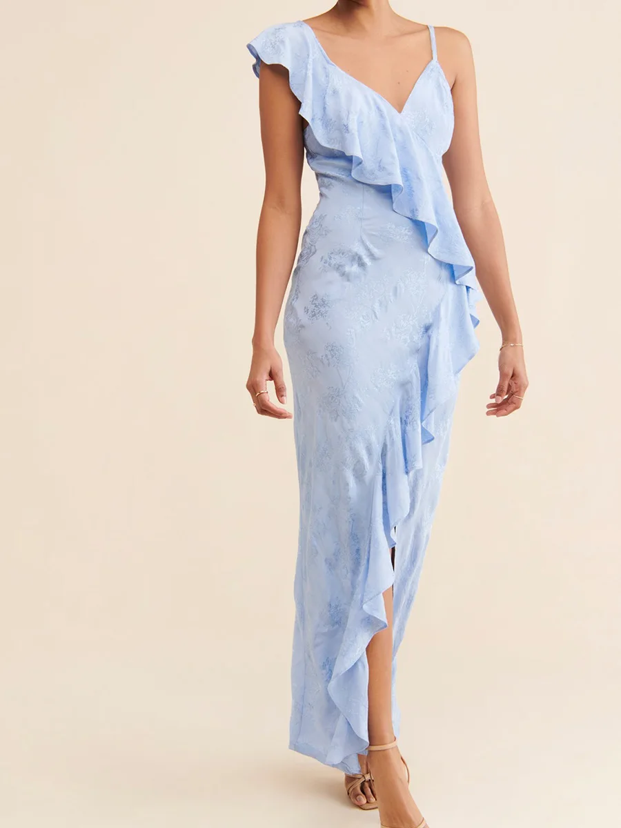 

Flower Jacquard Slim Split Maxi Dress Women Sexy V Neck Ruffle Sleeveless Party Vestidos Summer New Elegant Fashion Long Dresses