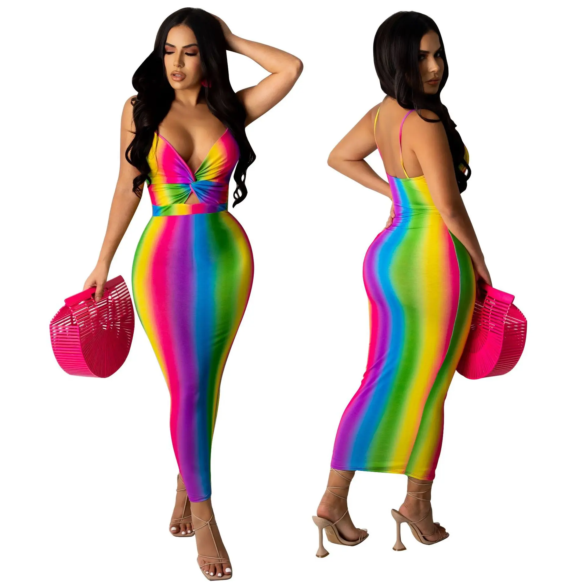 Sexy Gradient Dress for Women Striped Print Sleeveless Wrap Chest Cutout Suspender Long Skirt Fashion Clubwear Prom Evening Gown