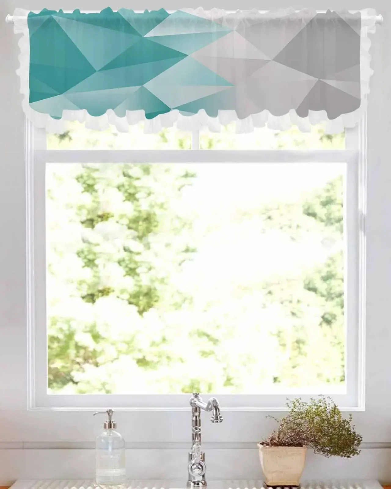 Abstract Gradient Blue Gray Triangle Short Tulle Half Curtains for Living Room Kitchen Door Cafe Window Sheer Valance Drapes