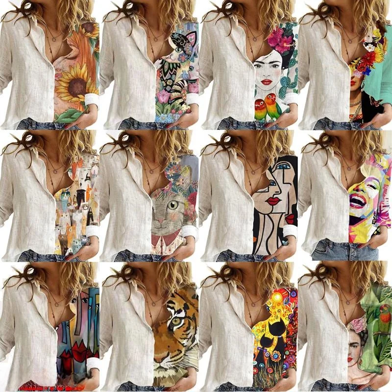 Street Sle White Printed Long Sve irt Multi Color Faionable Top Collar Button Detail Straight Cut Women's irt