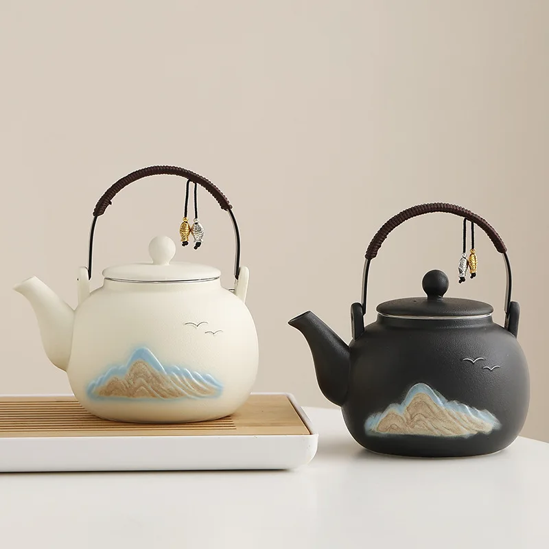 Matte Glaze Ceramic Teapot with 3D Mountain Relief and Handle for Tea and Decor