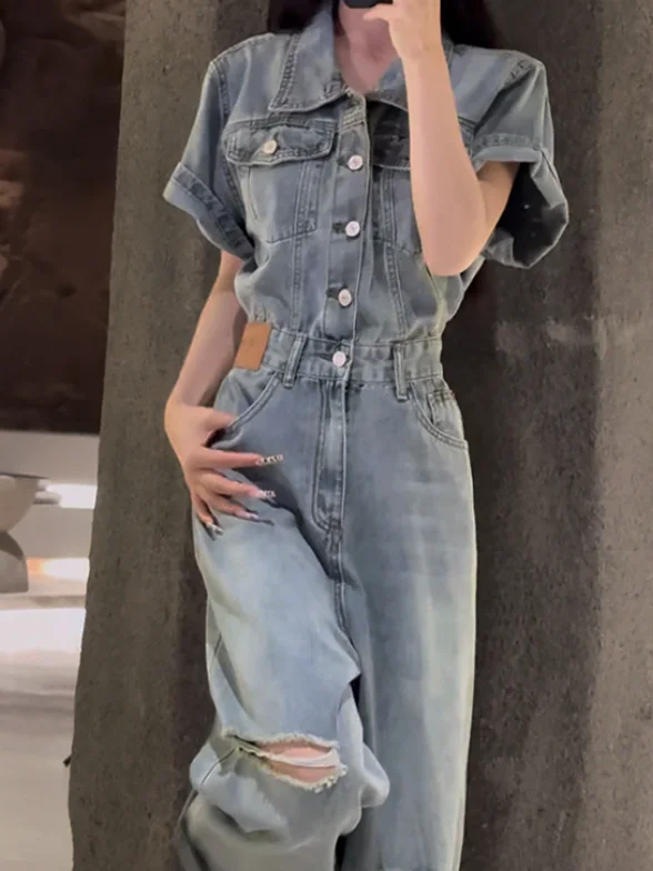 American Retro Denim Overalls Women's High Waist Cuffed Wide Leg Pants Design Sense Jumpsuit Women Summer 2026