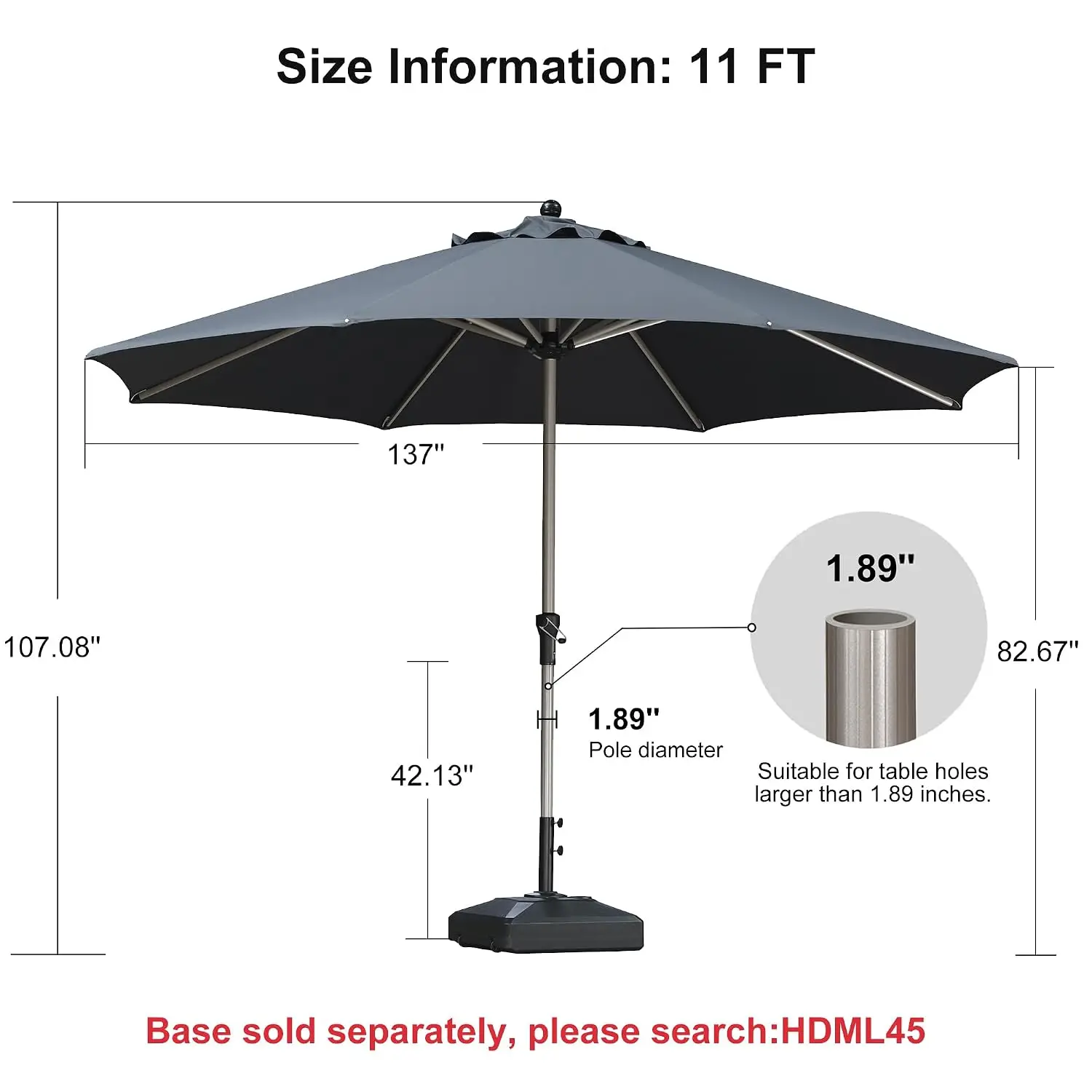Patio Umbrella 11 FT Round Large Aluminum Frame Grey | Wide Coverage, Reinforced, 200/GSM Thick Fabric, Customized