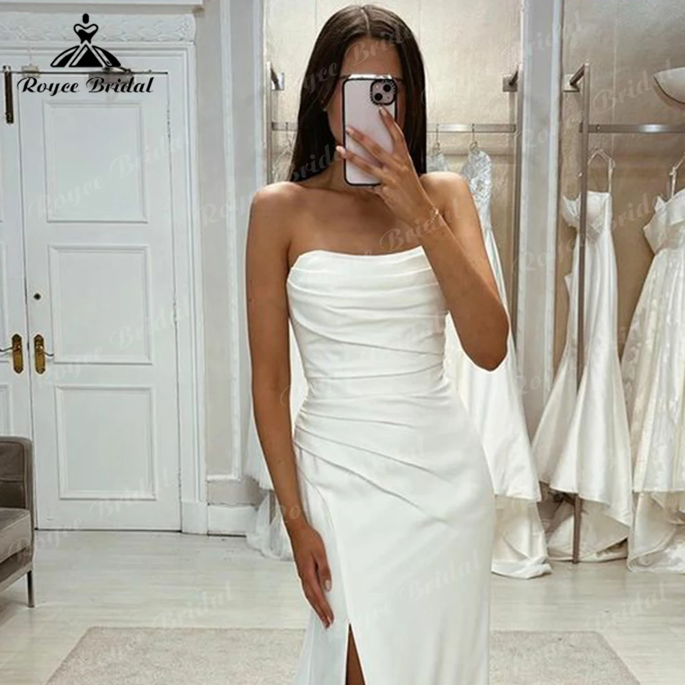 Robe de Mariée Sirène en Satin Sexy Fendue Sans Bretelles pour Femme, Vêtement Personnalisé pour Patients Boho