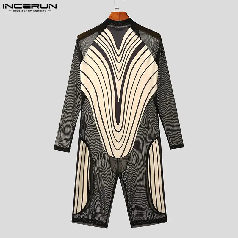 INCERUN 2023 Sexy Homewear New Mens Jumpsuit Abstract Printed See-through Mesh Stitching Long Sleeved Flat Angle Bodysuits S-5XL