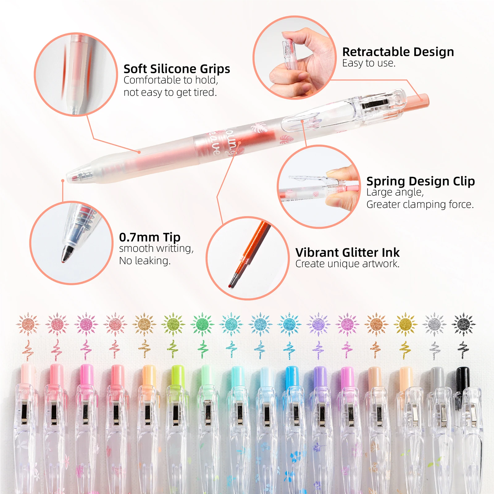 Glitter Gel Pens 16 Assorted Pastel Color 0.7mm Retractable Colored Sparkle Glitter Pen Set for Adults Kids Journaling Coloring