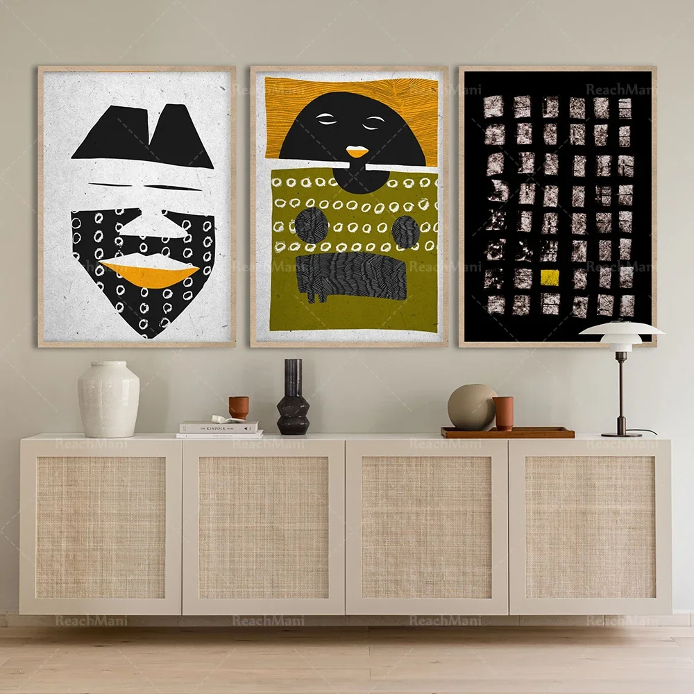 Abstract portraits of African women, contemporary black and green ethnic collections, ethnic models abstract earth tone African