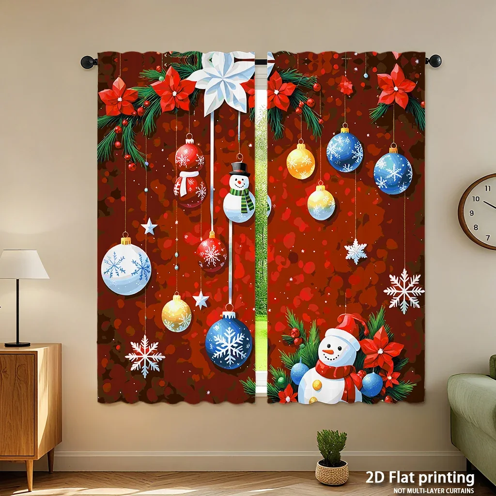 2-piece set of high-definition digital printed curtainsred background christmas ornaments snowman festive holiday decorHome deco