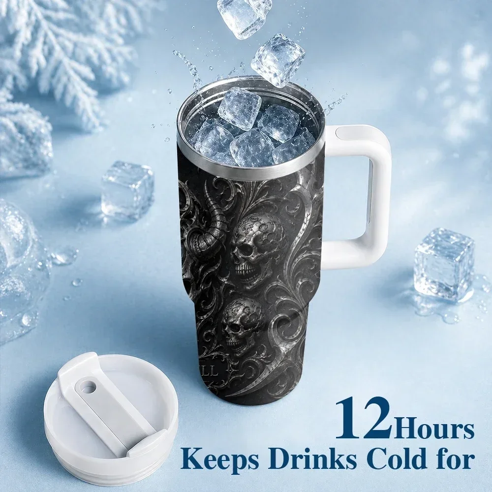 Cool Terrifying Silver Skull Vacuum Flasks 40oz Stainless Steel Insulated Tumbler With Handle & Straw Leakproof Travel Mug