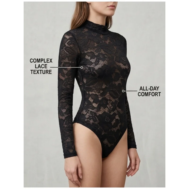 Sheer Lace Bodysuit with High Neck And Fitted Long Sleeves, Floral Pattern Panels, Curve Shaping Fit, Breathable Lightweight