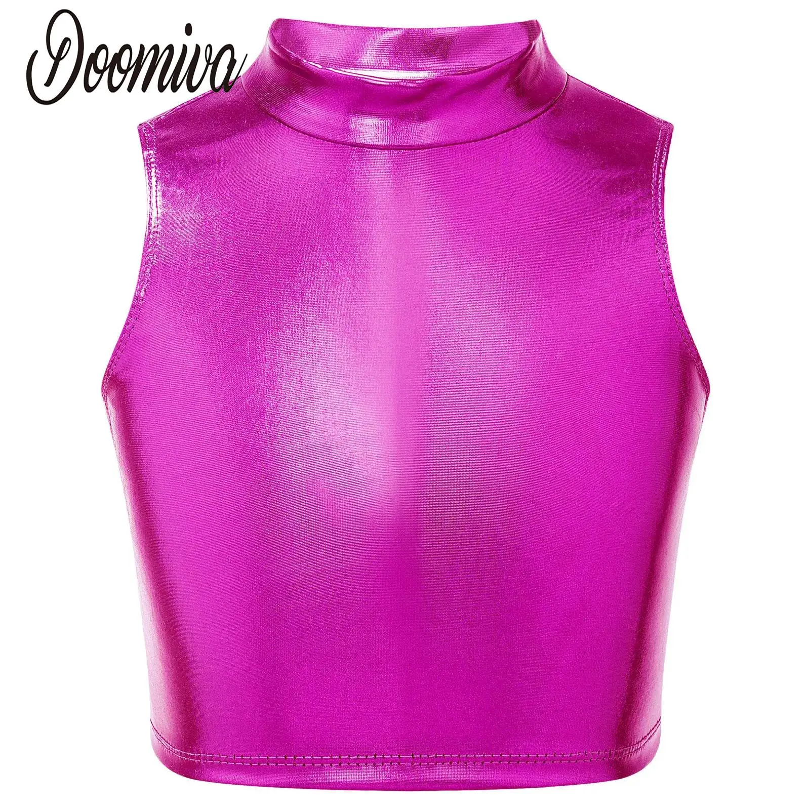 

Girls Jazz Modern Dance Crop Tops Sport Wear Shiny Metallic Sleeveless Tank Tops Camisole Ballet Stage Performance Costume