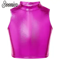 Kids Girls Jazz Modern Dance Crop Tops Sport Wear Shiny Metallic Sleeveless Tank Tops Camisole Ballet Stage Performance Costume