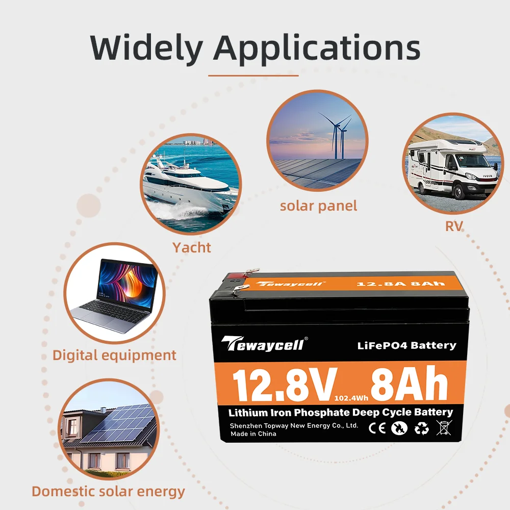 Tewaycell 12.8V 8AH LiFePo4 Battery Pack 12V Rechargeable Battery for Electric Portable Outdoor Power Solar Energy US EU TaxFree