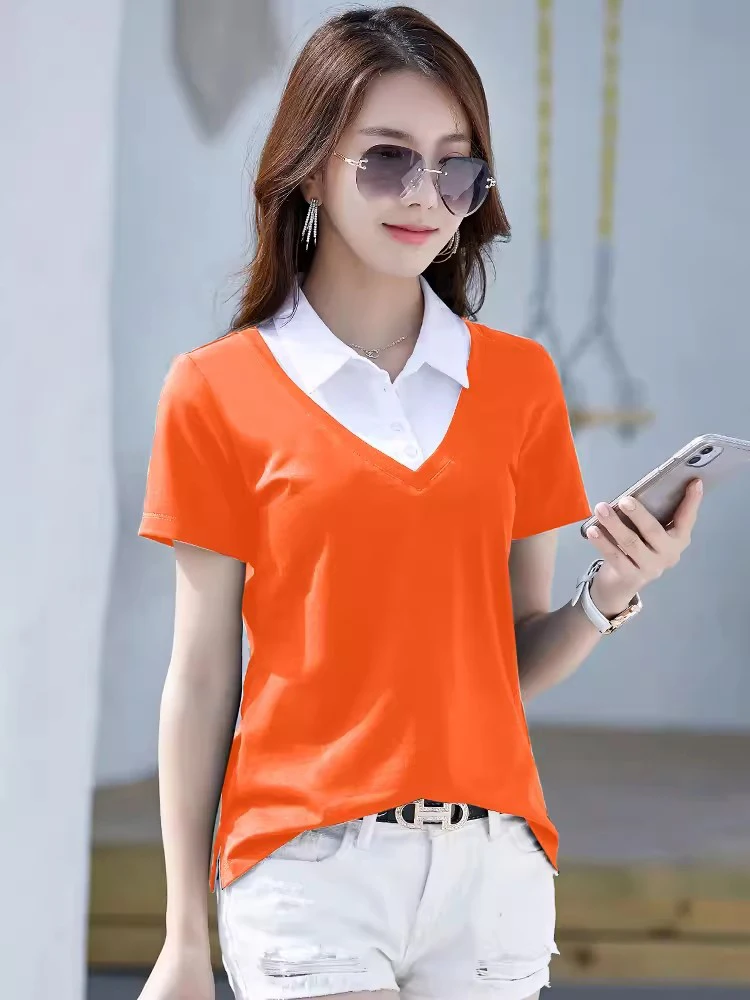 New Women Summer Short Sleeve T-shirt Fashion Patchwork Contrast Color Turn-down Collar Loose Tees Simplicity Casual Polo Tops