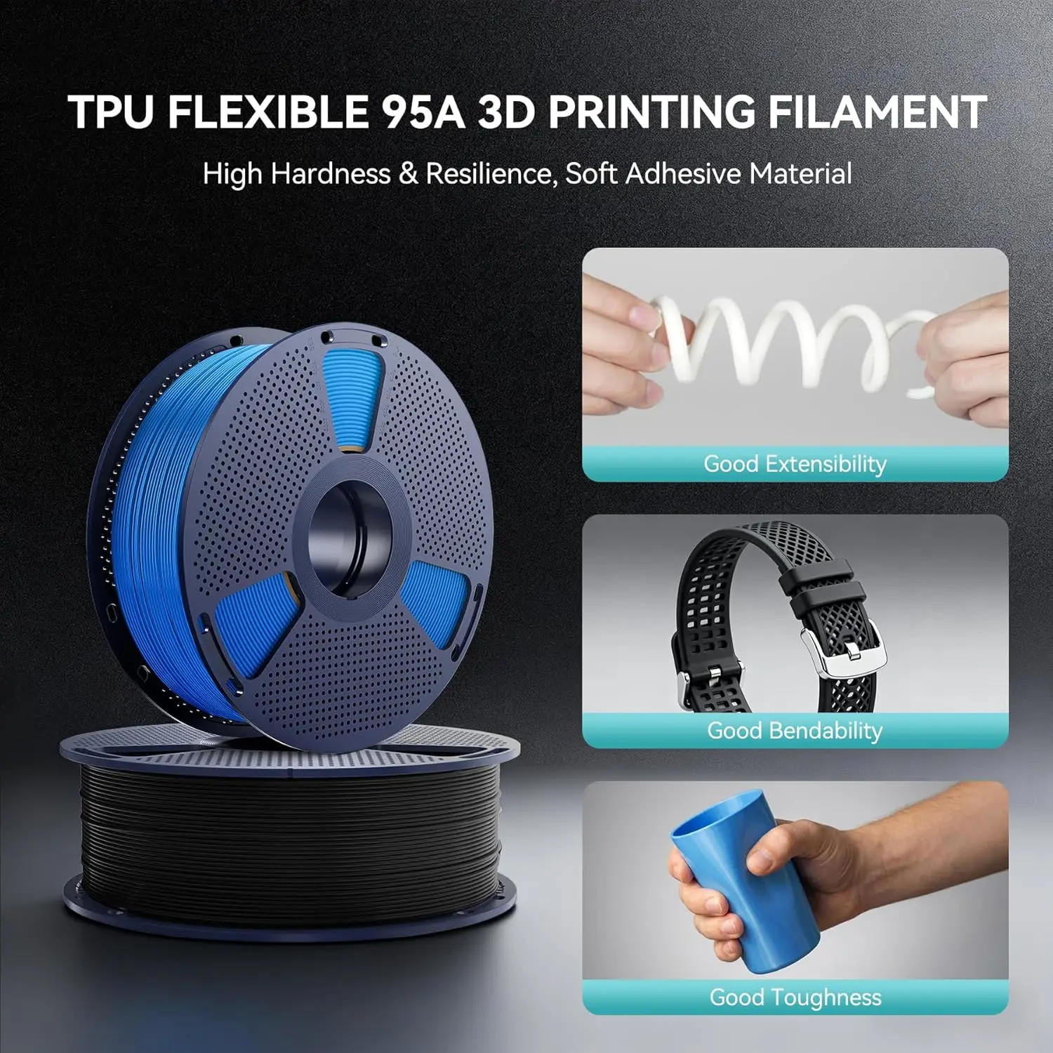 Filament d'imprimante 3D flexible SUNLU TPU 95A, bobine de 1,75 mm 1 kg (2,2 lb), 100 % sans bulles, haute élasticité et résistant à l'usure, TPU souple