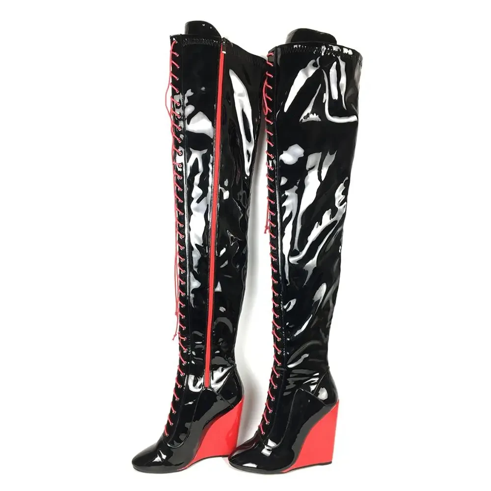 Fashion Winter Women\'s Over the knee boots Round Toe Wedge Shoes Ladies Thigh Heigh Boots Full Zipper Lace Up Black Customized