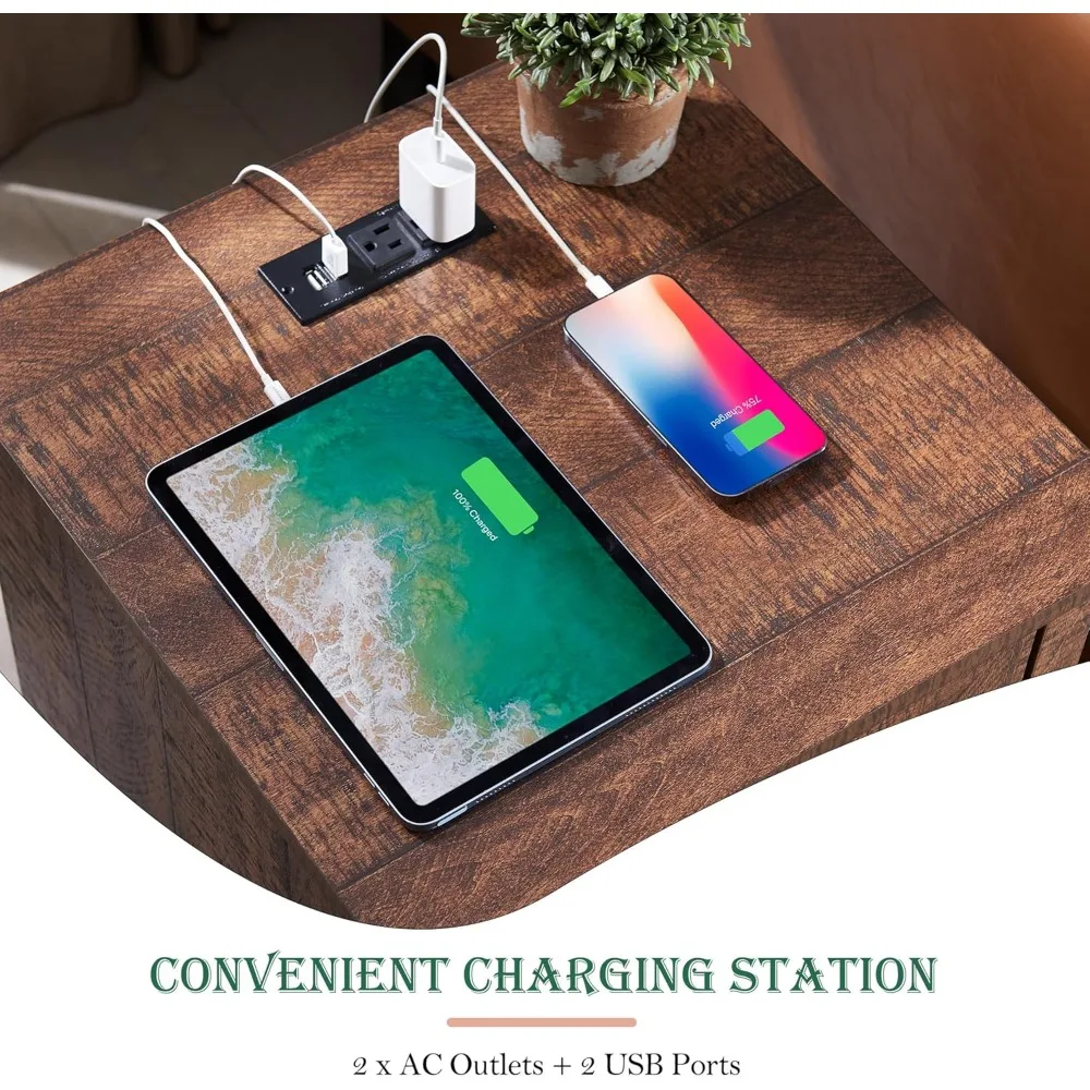 Farmhouse Nightstand with Charging Station, Rustic 18 Inch End Table with 2 Storage Drawers and Open Shelf, Wood Sofa S