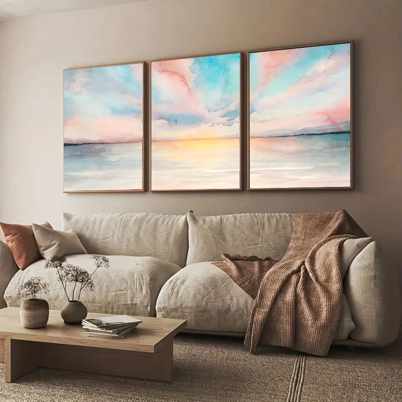 3pcs frameless Canvas Painting 3pcs/Set Abstract Color Sunset Landscape Canvas Poster Picture Wall Art Print, Modern Living Room