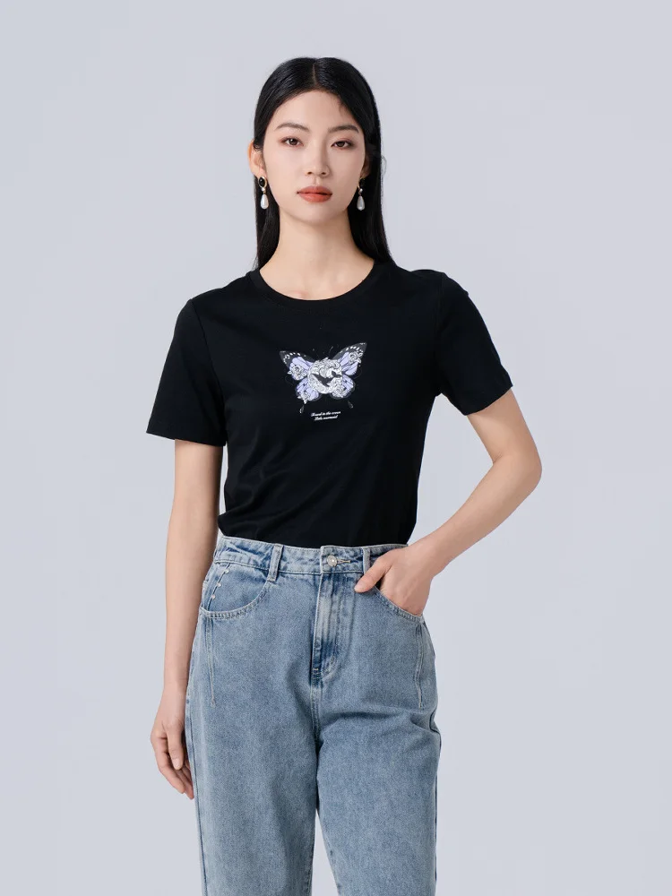 Camiseta de manga corta de color liso para mujer Aylen, nueva colección de verano, con bordado pesado y estampado de nudos, cuello redondo, top ajustado.