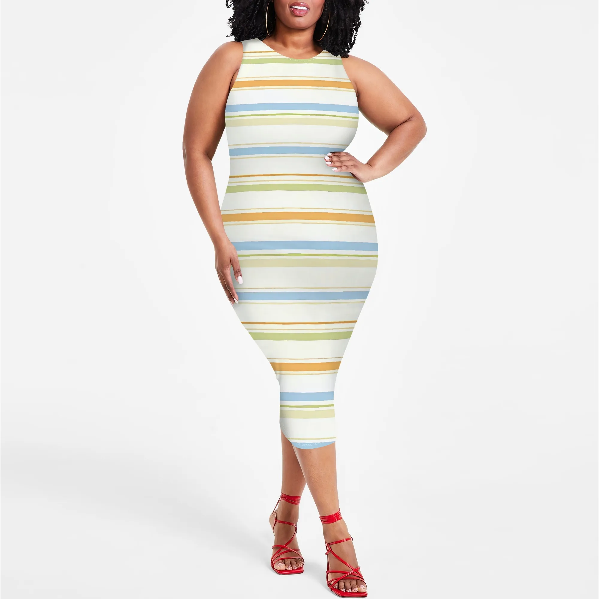 

EQQZD Sexy Sleeveless Round Neck Midi Dress, Plus Size Stylish Simple Stripe Print Bodycon Dress for Women