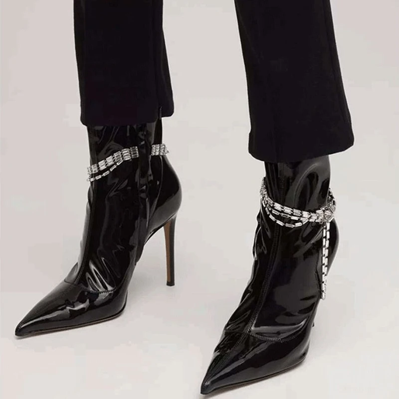 

New Black Patent Leather Short Boots Ultra-High Heel Boots Pointed Head Chain Thin Heel Women's Ankle Boots Slim Retro Booties