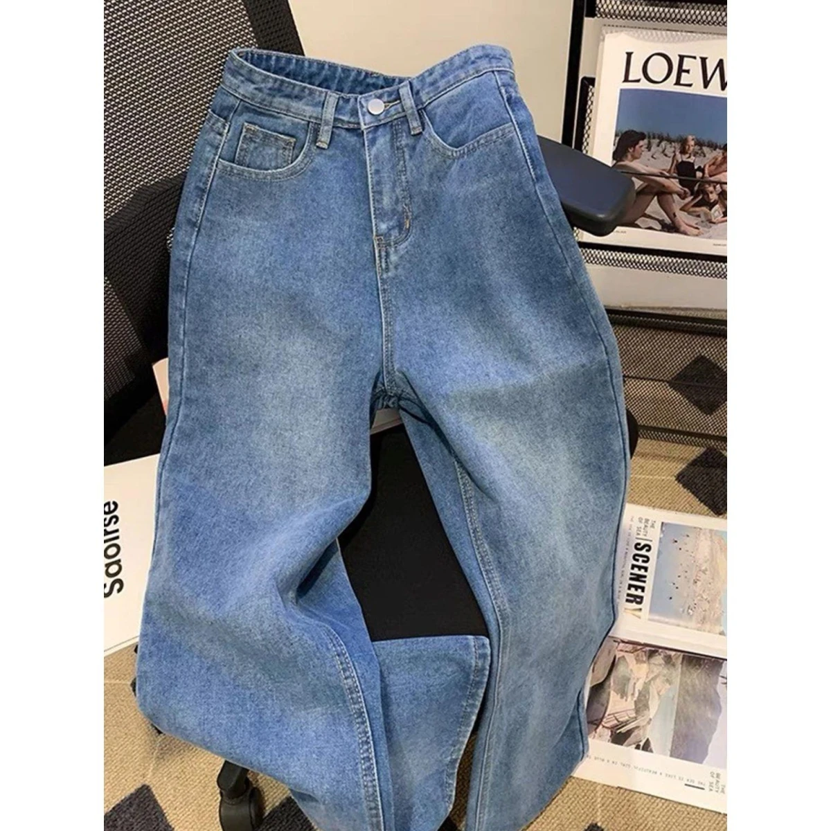 

Мужские джинсы прямого кроя в стиле ретро, синие, с эффектом потертости, из смесового хлопка и полиэстера, весна-осень, новый стиль, свободный крой, для повседневной носки