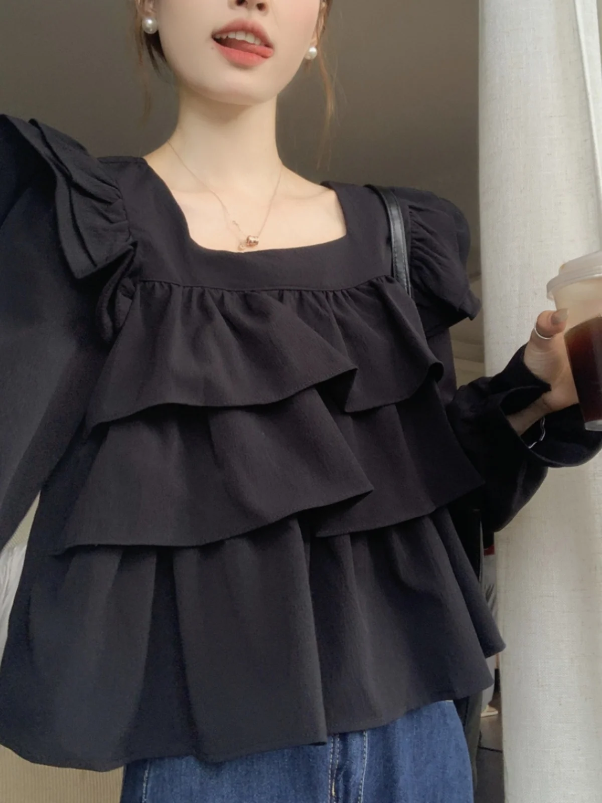 Ele Long Sve feminino irt Conceal Meat Outerwear Japonês Sle Doce Personali Renda Hemline Blusa Casual de Poliéster