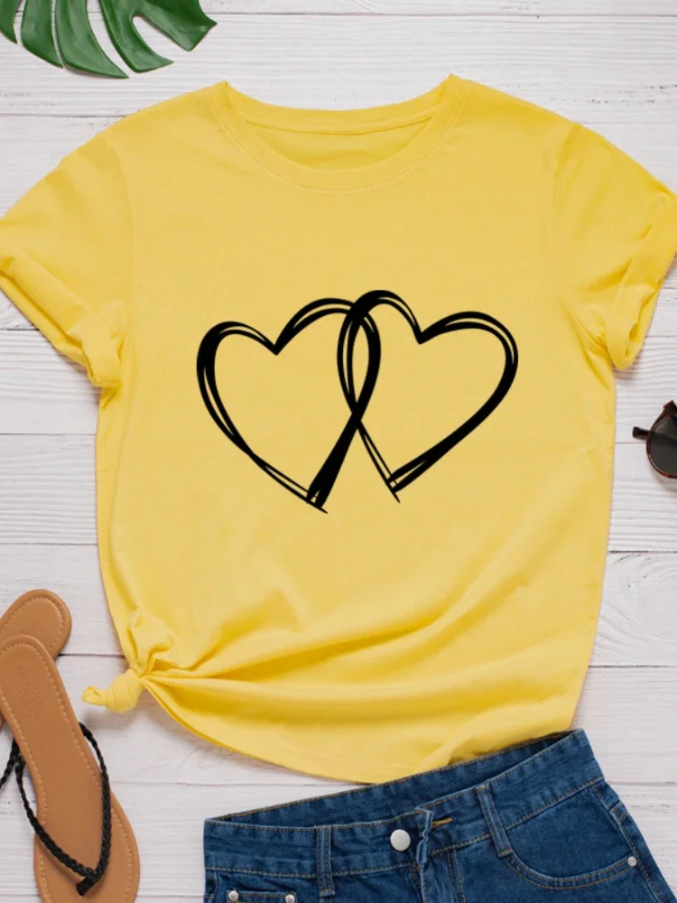 

Women's double-sided heart-shaped printed T-shirt, round neck loose short sleeved clothing, fashionable