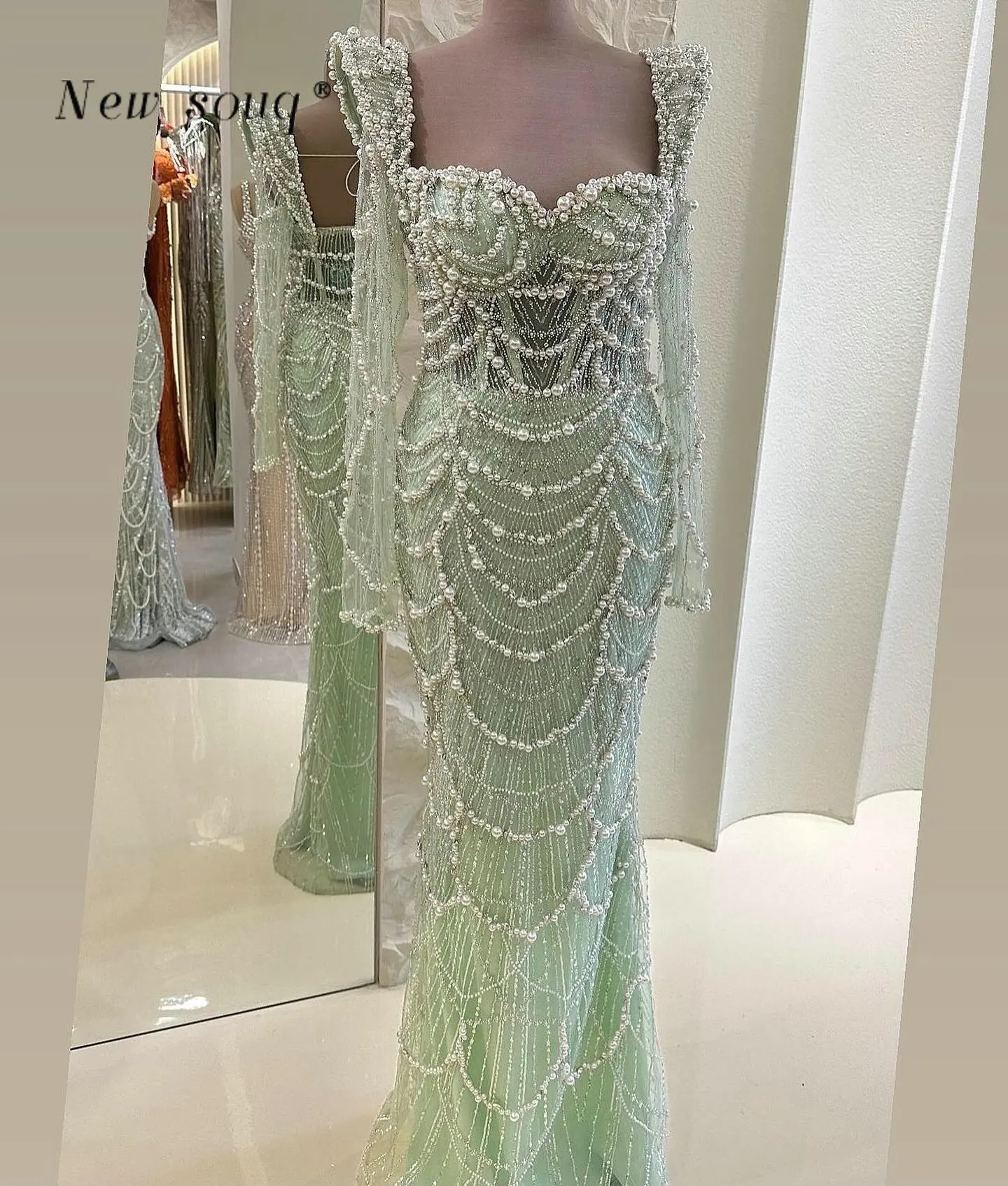 

Mint Green Pearls Beaded Long Sleeves Evening Dresses 2024 Arabic Formal Mermaid Women's Wedding Party Gowns Elegant Vestidos