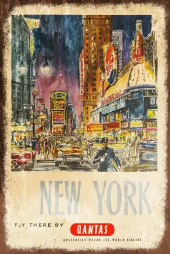 New York City Qantas Airlines Advert Aged Look Vintage Retro Style Metal Sign