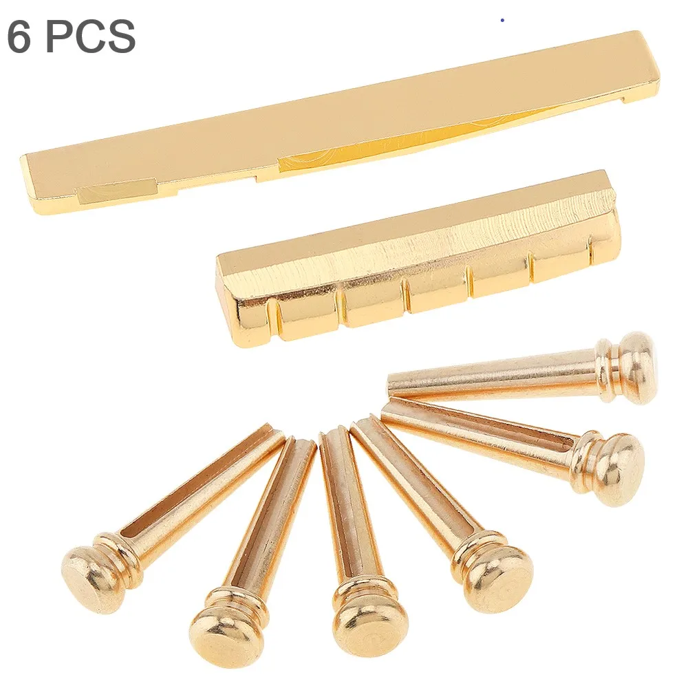 6PCS Universal Golden Brass Bridge Pins & Bridge Nut Saddle Set for Folk Acoustic Guitar