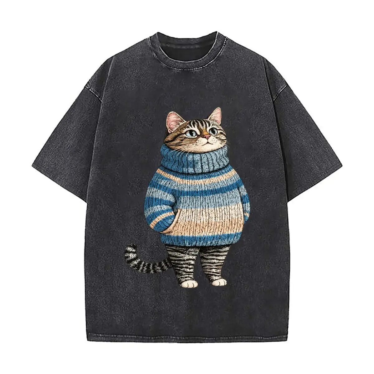 Blue Striped Knitted Sweater Tabby Cat Illustration Distressed Faded Baggy Streetwear Tops for Park Hangouts