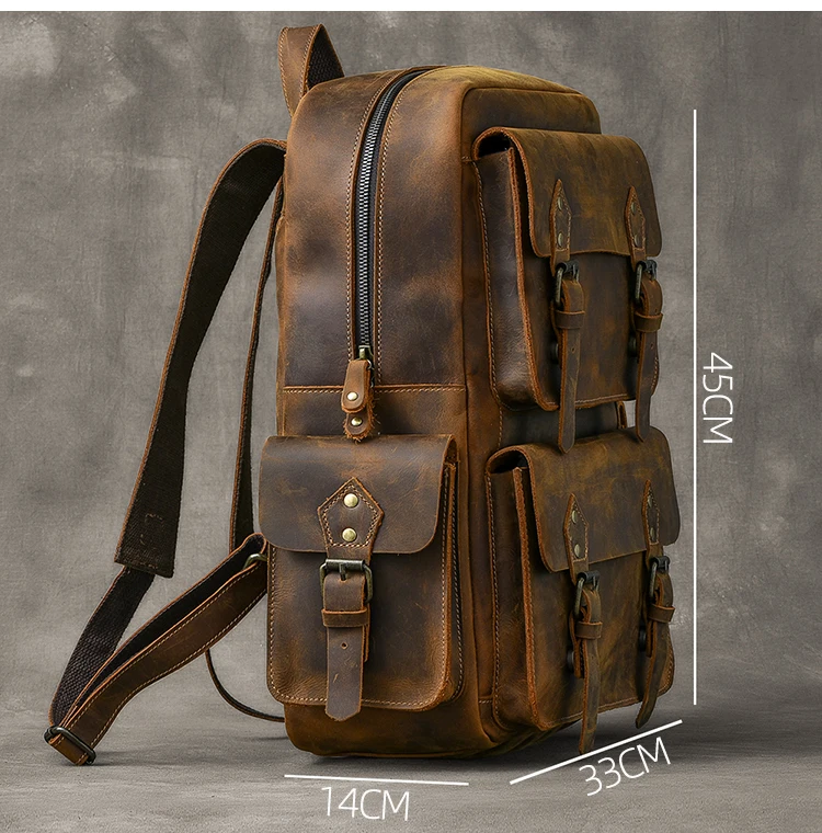 Imagem -02 - Mochila de Couro Genuíno Vintage para Homens Bagpack de Couro de Cavalo Louco Mochila de Viagem Masculina M815