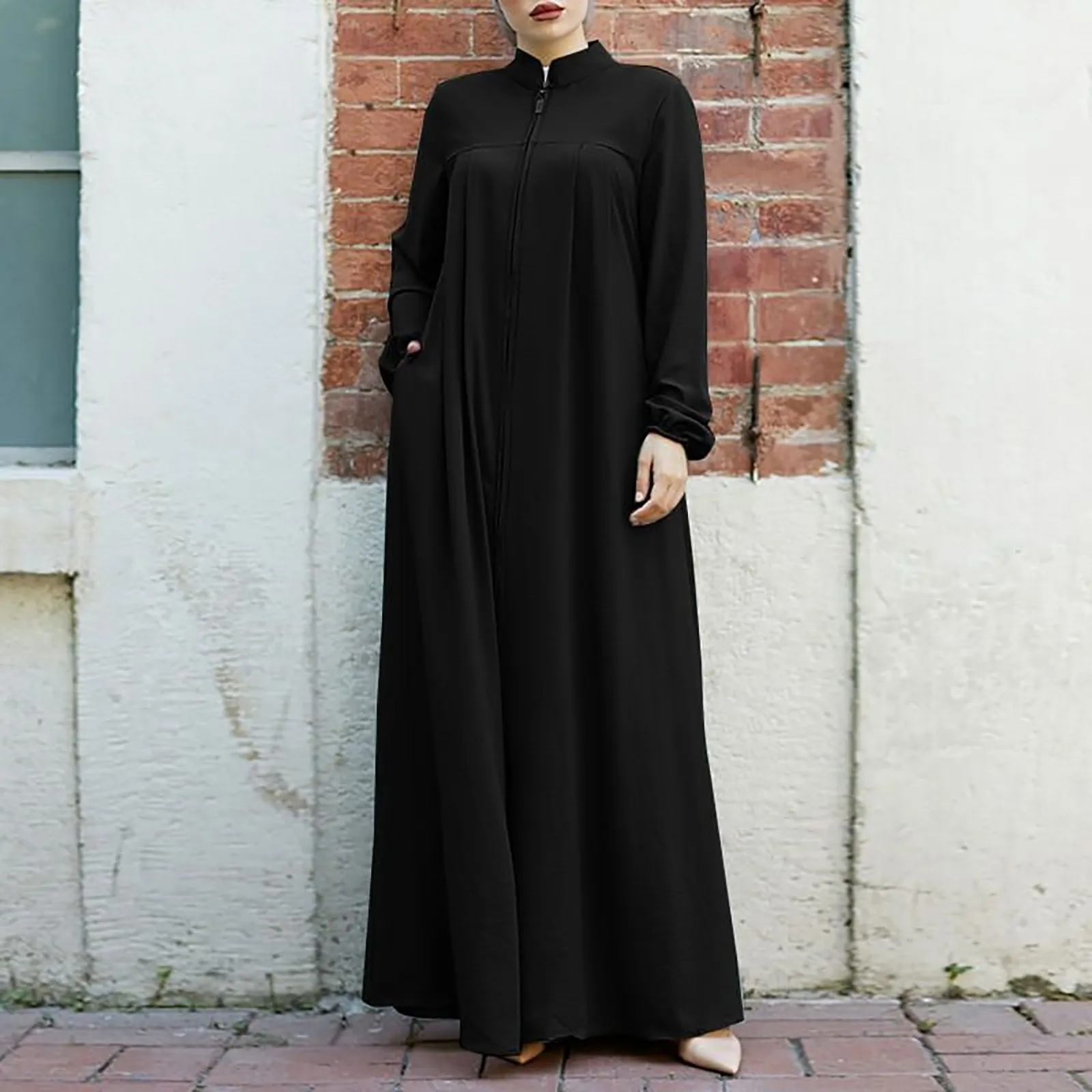 

Women's Muslim Dresses Fashion Standing Collar Zipped Loose Casual Dresses Solid Colour Simple Versatile Long Sleeve Dresses