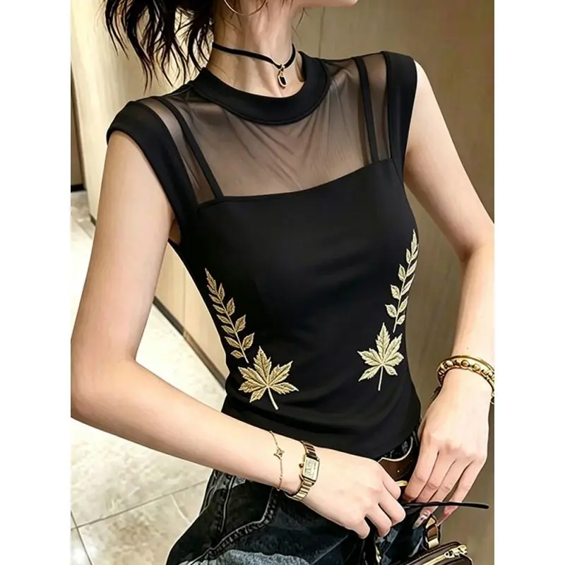 Retro Chinese Style Women's Top Leaf Decorated Stand Collar Mesh Splicing Sleeveless Slimming Base Layer Small Shirt