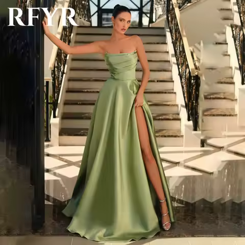 RFYR Simple Green Evening Dress for Party Satin Sleeveless Pleats Prom Gowns High Split Scoop A-Line Celebrity Dress Customized