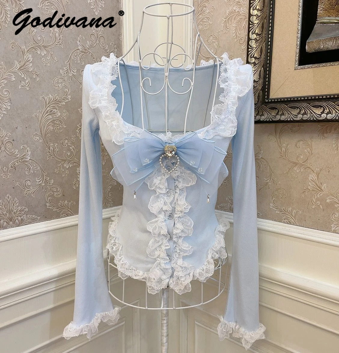 Lolita Princess Heart Rhinestone Bow Fungus Lace Flared Sleeve Cardigan Shirt Girl Women Sweet Slim-Fit Navel Short T-Shirt Top