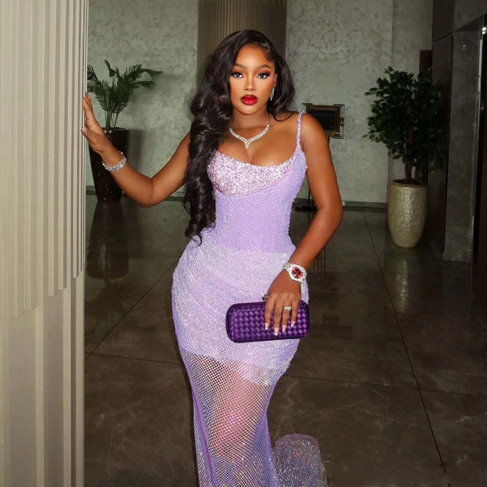 Sukienki na studniówkę w kolorze liliowym, syrenka, na ramiączkach spaghetti, cekinowe, seksowne suknie wieczorowe, prześwitujące sukienki na przyjęcie wieczorowe.