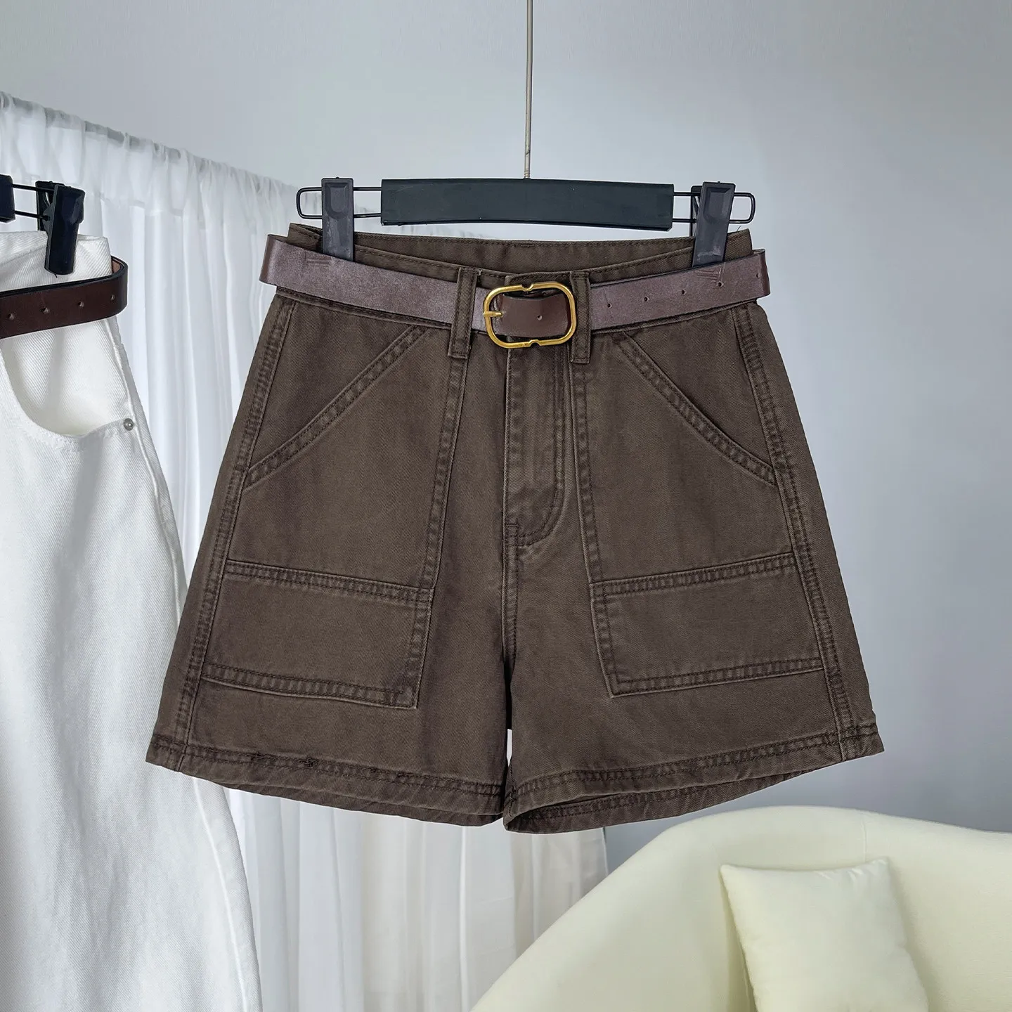 Retro Korean Coffee Color American Wide Leg Denim Shorts Women's Summer Thin Slimming Workwear Small Size A-Line Hot Pants